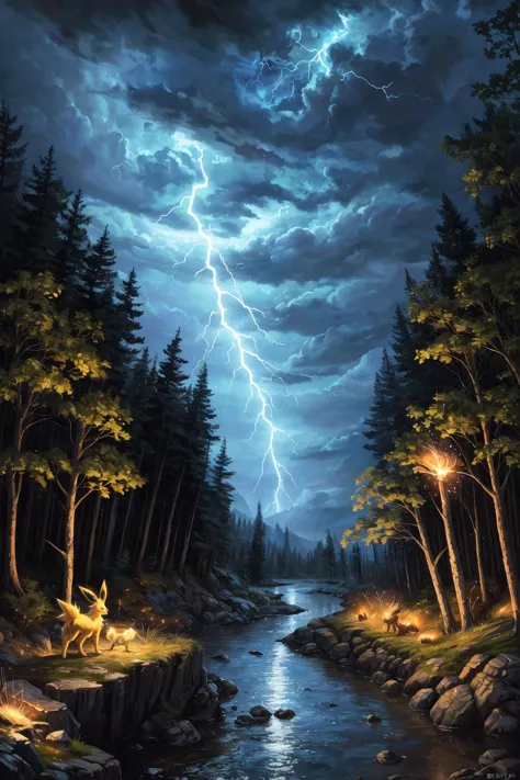 a painting of a river with a lightning bolt in the sky