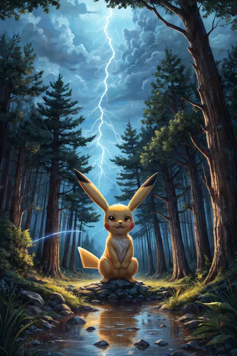 a pokemon pikachu sitting in the middle of a forest