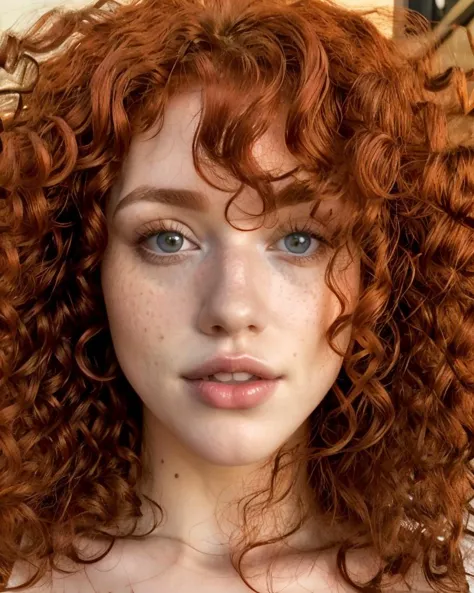 a close up of a woman with red curly hair and a white shirt