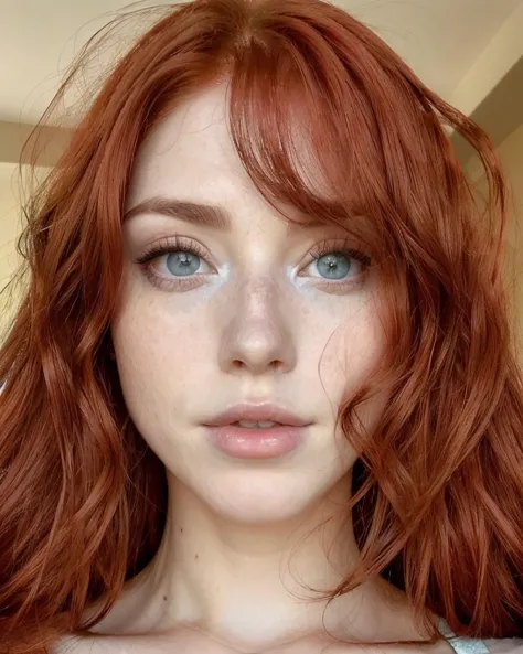 a close up of a woman with red hair and blue eyes