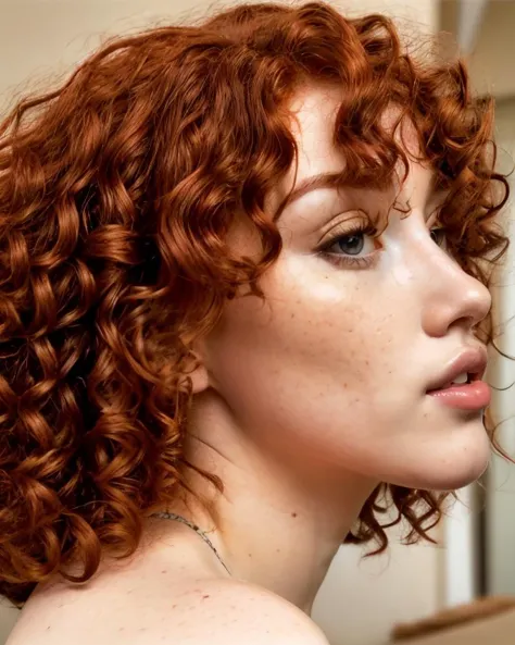 a close up of a woman with red curly hair and a necklace