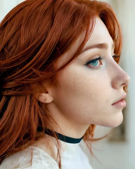 a close up of a woman with red hair and a choker