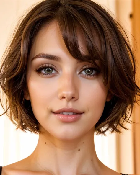 a close up of a woman with a short haircut and a black top