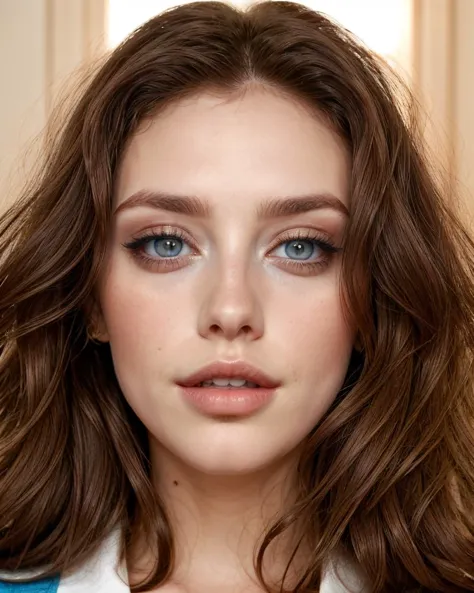 a close up of a woman with long hair and blue eyes