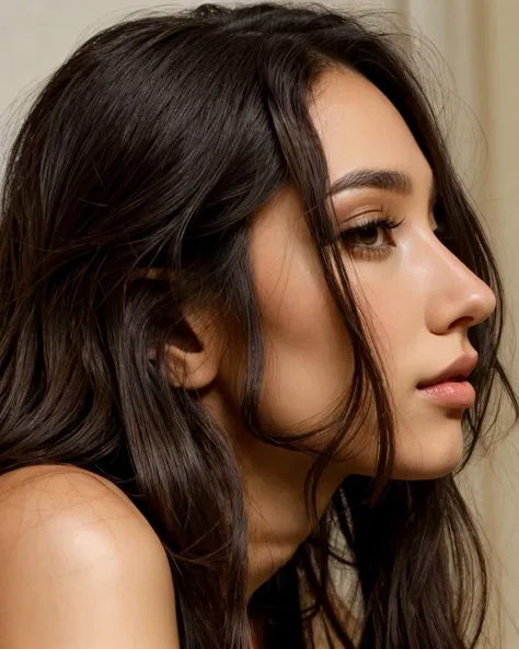 a close up of a woman with long hair and a black top