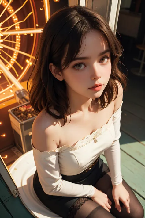 ( detailed realistic background:1),
( official art, beautiful and aesthetic:1 ),
realistic lighting,
cinematic lighting,
hyperrealism,
soothing tones,
muted colors,
high contrast,
soft light,
sharp,
artistic photoshoot,
( cute, petite),
slender,
european,
pale cheeks,
square face shape with angular jaw,
natural "no-makeup" makeup,
big breasts,
,
wearing Wearing a Cinched Waist Blouse , Wearing a Sheath Dress and lace top stockings ,  , From Above ,
Bare shoulders, Bare neck, <lora:Sexy-Spanish:0.8>   brown hair, light brown eyes, ,
At a 1950s County Fair: Colorful attractions, popcorn smell, bright balloons, ferris wheel,