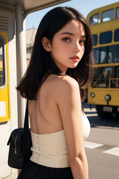 a close up of a woman standing on a street near a bus