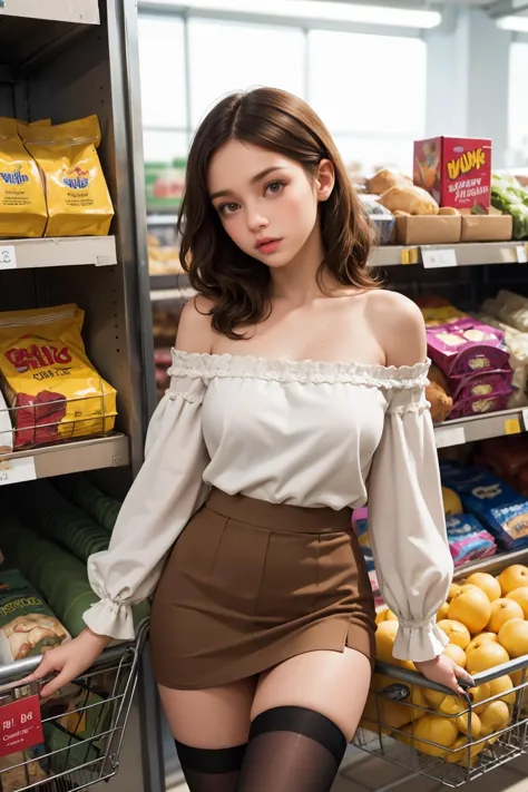 ( detailed realistic background:1),
( official art, beautiful and aesthetic:1 ),
realistic lighting,
cinematic lighting,
hyperrealism,
soothing tones,
muted colors,
high contrast,
soft light,
sharp,
artistic photoshoot,
( cute, petite),
slender,
european,
pale cheeks,
square face shape with angular jaw,
natural "no-makeup" makeup,
big breasts,
,
wearing Wearing a Puff-Sleeve Blouse , Wearing a Mini Skirt and thigh-high with lace trim stockings ,  , ,
Bare shoulders, Bare neck, <lora:Sexy-Spanish:0.8>   brown hair, light brown eyes, ,
Inside a 1950s Supermarket: Lit aisles, colorful packaging, shopping carts,