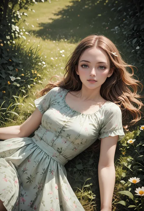 A photograph captures a woman lying in the grass in a serene outdoor setting. Natural light, soft focus, gentle expression, green grass, floral dress, relaxed pose, warm sunlight, dappled shadows, detailed textures, natural surroundings, peaceful atmosphere, soft bokeh, summer day, earthy tones, serene mood, candid vibe, inspired by Annie Leibovitz, dreamy aesthetic, tranquil scene.