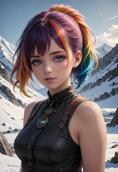 a woman with colorful hair and a leather outfit in the snow