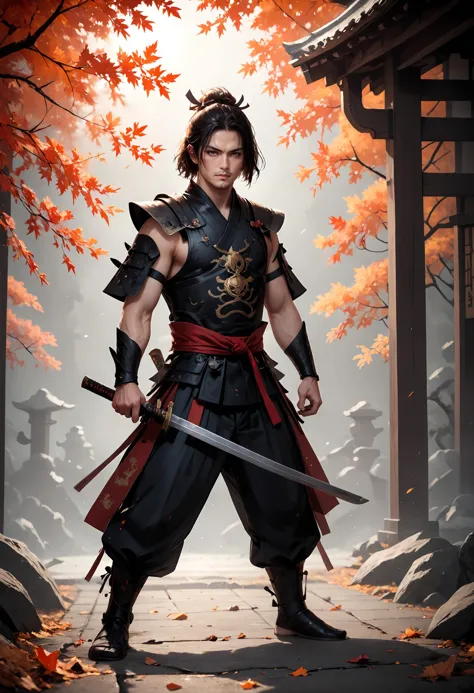 a man in a samurai outfit holding a sword in front of a tree