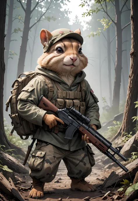 A photo captures a chipmunk soldier with a big gun in a rugged woodland setting. Camouflage attire, tactical gear, determined stance, oversized weapon, natural surroundings, intense focus, gritty textures, dynamic pose, forest backdrop, dramatic lighting, inspired by military photography, fearless expression, action-packed atmosphere, small yet powerful presence, rugged terrain, brave demeanor, ready for battle.