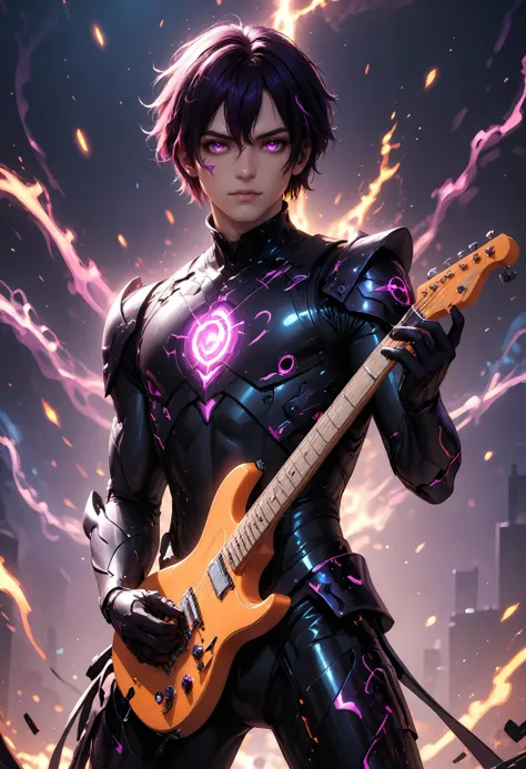 a woman in a black suit holding a guitar and a purple flame