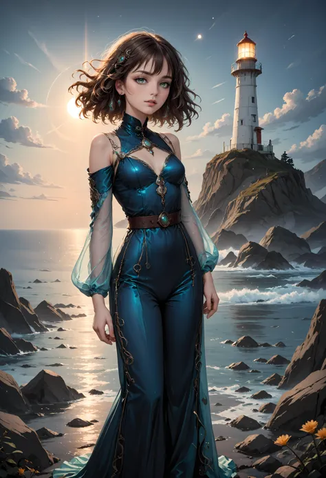 steampunk style a 32 year old woman with long, curly brown hair and piercing green eyes stands confidently on the rocky coastline, her gaze fixed on the lighthouse in the distance. she wears a flowing, hand painted silk jumpsuit in shades of indigo and turquoise, adorned with intricate silver embroidery that catches the fading light of day. the jumpsuit's silhouette is both modern and nostalgic, evoking the elegance of 1960s space age design. the fabric shimmers with an iridescent sheen, as if infused with microscopic particles of moonstone or opal. the sleeves are long and bell shaped, flapping gently in the sea breeze like the wings of a mythical creature. a delicate silver brooch in the shape of a miniature lighthouse adorns her shoulder, its tiny light glowing softly to match the stars beginning to twinkle in the darkening sky. her feet are clad in worn leather ankle boots with silver buckles shaped like seashells, adding a touch of whimsy to her overall look. a wide leather belt cinches at her waist, from which hangs a small, ornate key attached to a delicate chain. the key glints with a subtle sparkle, as if it might unlock the secrets of the lighthouse or the tides themselves. as the woman stands there, the wind whispers secrets in her ear, and she seems to be listening intently, her eyes never leaving the beacon in the distance. her very presence seems to embody the mystery and allure of the coastline, as if she has emerged from the rocks themselves, a siren summoned by the lighthouse's ancient magic. . antique, mechanical, brass and copper tones, gears, intricate, detailed