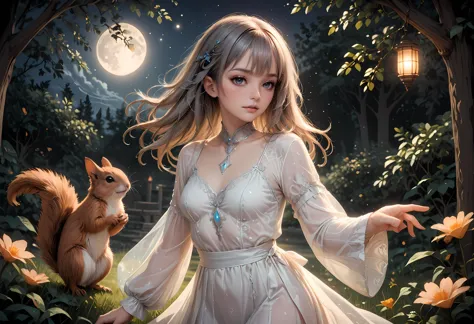 a woman in a white dress holding a squirrel in a forest