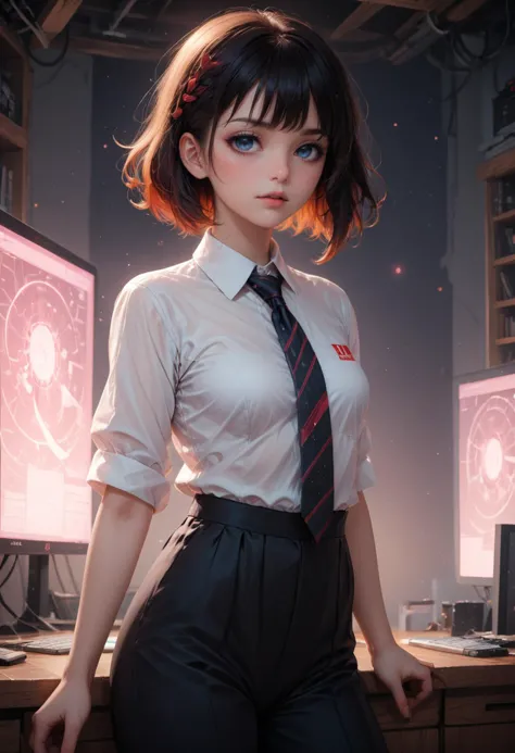 masterpiece,best quality, very aesthetic, absurdres 
 by Ilya Kuvshinov
realistic cinematic lighting 
  by Krenz Cushart
1girl aged up 
 shirt
 solo
navel 
 necktie 
long pants
  Cosmic  modern 
 fashion
 hands