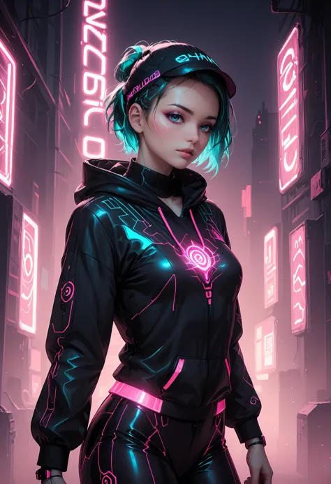 A photo captures a cyberpunk mechanoid woman wearing a hoodie. Neon-lit urban backdrop, futuristic cityscape, metallic textures, glowing cybernetic enhancements, hoodie with digital patterns, augmented reality interface, sleek visor, dynamic pose, dystopian atmosphere, high-tech gadgets, inspired by futuristic concept art, edgy aesthetic, urban decay, tech-savvy vibe, mysterious expression, digital enhancements, cybernetic details.