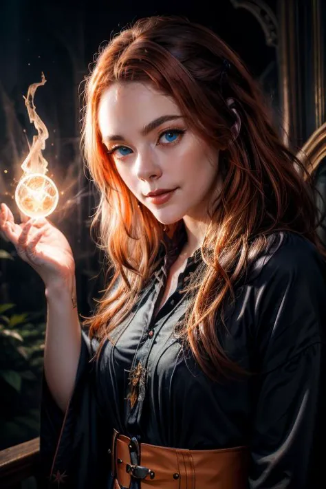 a woman with red hair and blue eyes holding a wand