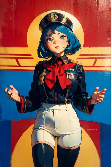 pinup sovietpunk style, by Frank Shepard Fairey, [stewardess|sexy military] uniform, [soviet|propaganda|retro] poster, ([by Ashley Wood]:0.5), mmksc, 1girl, Mondrian background, professional art with vibrant colors, best quality, masterpiece, cowboy shot 