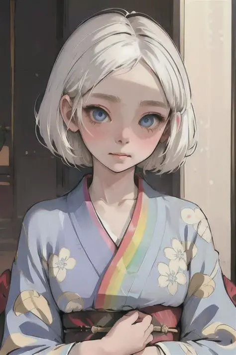 <lora:BeenUV1:.95>, beenu,masterpiece, best quality, 1girl, white hair, short hair, blue eyes, richly decorated (rainbow) kimono, cute face, blush,