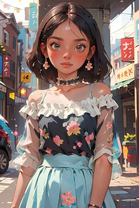 <lora:BeenUV1:0.8>,beenu,(best quality, masterpiece),1girl,intricate details,off shoulder,skirt,choker,frills,see-through,looking at viewer,blush,upper body,blurry background,floral print,contrapposto,