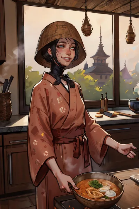 anime woman in a kimono outfit cooking a meal in a kitchen