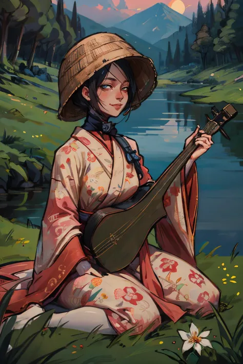 Musique, cheveux noirs, yeux blancs, yeux brillants,panier au-dessus de la tête,kimono, manches longues, imprimé floral, jugulaire, regarder le spectateur, sérieux, souriant, Séance, guerre, sur l&#39;herbe, forêt, Lac, tenant une luth, crépuscule, Haute qualité, chef-d&#39;œuvre,  