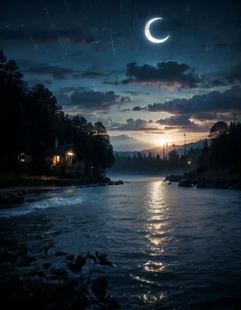 a view of a crescent over a body of water at night