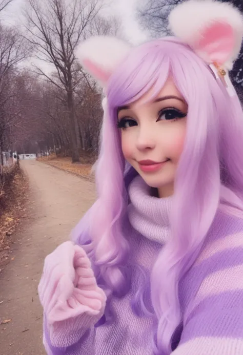 zPDXL, source_anime,, <lora:Belle_Delphine_for_PonyXL:1>, belle_delphine, 1girl, animal ears, solo, sweater, purple hair, long hair, looking at viewer, sideways, smile, lips, realistic, tree, sleeves past wrists, elin, photo background, cosplay,bright, <lora:pony_good_hands:1>, good_hands, better_hands