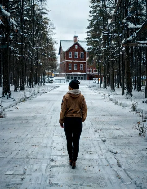 arafed woman walking down a snowy road towards a red house