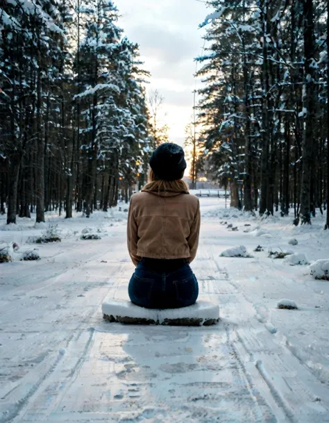 arafed woman sitting on a snowboard in the middle of a snowy road