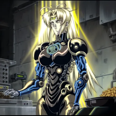 biomechanical cyberpunk   woman, (realistic:1.2), a woman  wearing (clothes (top, pants)), (Cooking or preparing meals),   (blonde hair),  light rays, god rays, blonde hair,  . cybernetics, human-machine fusion, dystopian, organic meets artificial, dark, intricate, highly detailed