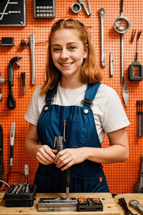 RAW photo, <lora:Simone-CV1-000005:1> simone giertz, smiling
using a soldering iron, in a modern tinkerers workshop, pegboards w...