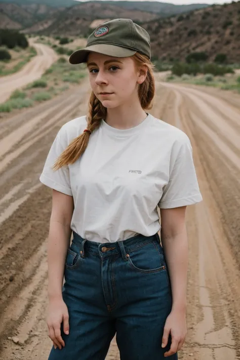 Foto CRU, Simone Giertz, ((em uma estrada de terra)) mangas vermelhas, Tumblr de qualidade (pele altamente detalhada:1.2), 8k hd, DSLR, iluminação suave, alta qualidade, grão de filme, Fujifilm XT3