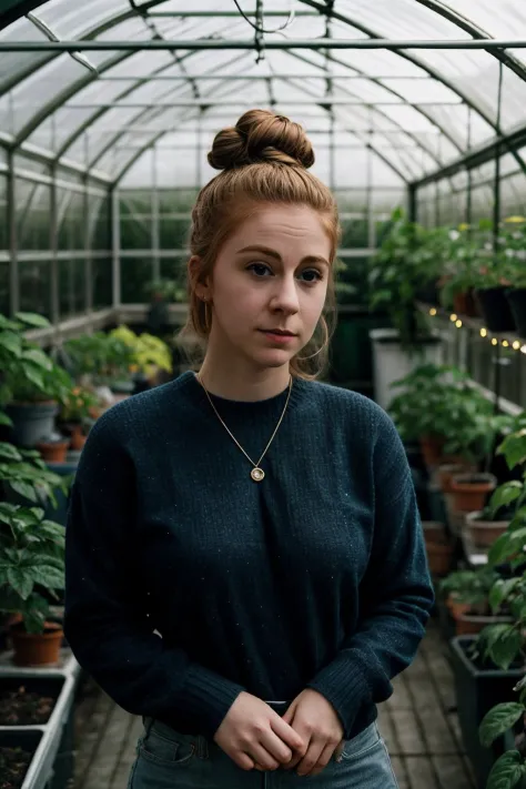 RAW-Foto, Simone Giertz, Vorausschauen, oberer Haarknoten, trägt Jeans und einen Pullover, 
BREAK hartes Licht, ((Felgenlicht)), Hoher Kontrast, (((filmische Beleuchtung))), dramatisch, Pflanzen, ((Gewächshaus)) (((in der Nacht))), ((farbige Lichter)) (hochdetaillierte Haut:1.2), 8k uhd, dslr, sanfte Beleuchtung, gute Qualität, Filmkorn, Fujifilm XT3