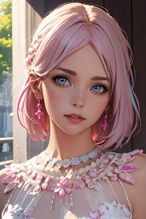 a close up of a woman with pink hair and blue eyes