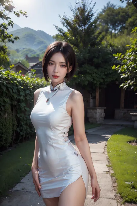 Éclairage du visage,rétroéclairage lumineux,super haute résolution,Meilleure qualité,Photos,4k,(Réaliste:1.2),Ada wong,1fille,cheveux noirs,Cheveux courts,cheongsam blanc,collier,Regardez l&#39;objectif,debout,