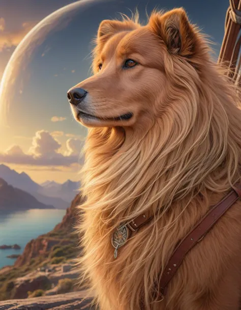 Avery from Canada, medium (chin-length:1.2) windblown caramel hair, a dog as god with a radiant halo, detailed face, gorgeous, a...