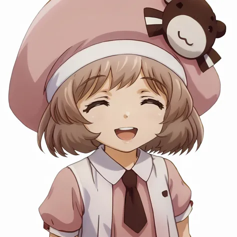 <lora:sakuraamatsukaxlpony001>,
smile,open mouth,closed eyes,
solo,
sakuraamatsuka,1girl,brown hair,short hair,
pink_hat,
pink_d...