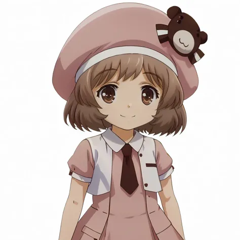 <lora:SakuraAmatsukaXLpony001>,
smile,
solo,
SakuraAmatsuka,1girl,brown hair,short hair,brown eyes,
pink_hat,
pink_dress,white vest,necktie,