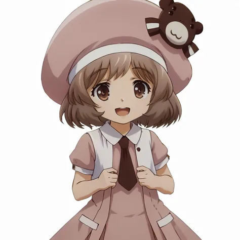 anime girl in a pink dress and hat with a teddy bear