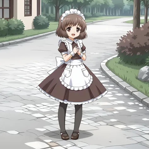 <lora:SakuraAmatsukaXLpony001>,
smile,open mouth,
solo,
SakuraAmatsuka,1girl,brown hair,short hair,brown eyes,
outdoors,
full body,standing,maid,