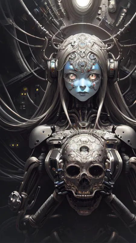 female robot pilot, mechanical creature, electronic wires relays computer nerves, girl face, dystopian surrealism, alex ries zdz...