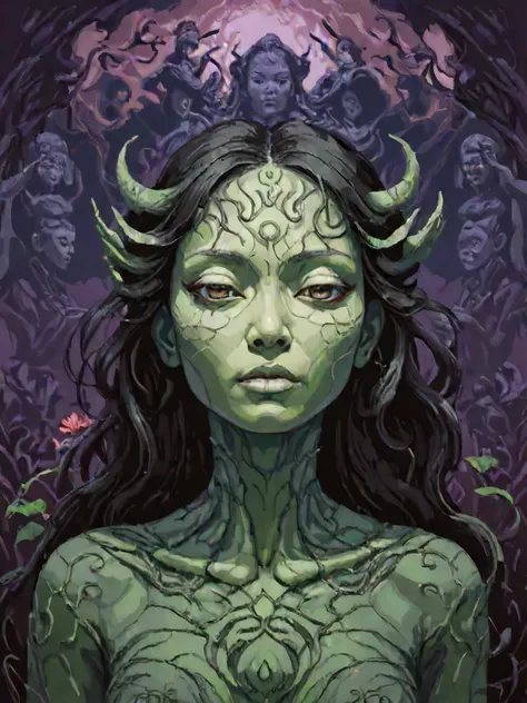 a painting of a woman with horns and a body covered in green paint