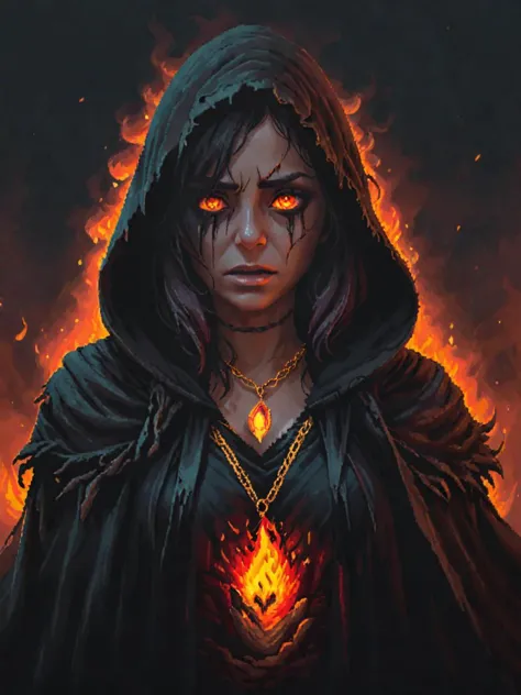 a woman with a black cloak and a red flame in her hand