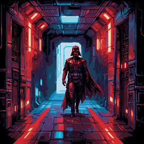 a star wars poster of dart vader walking through a corridor