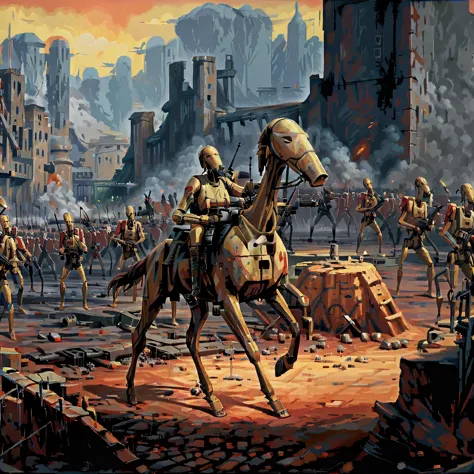 painting of a man on a horse in a city with a lot of soldiers