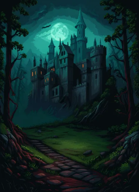 a castle in the woods with a path leading to it