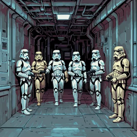 a group of stormtroopers standing in a corridor with a door open