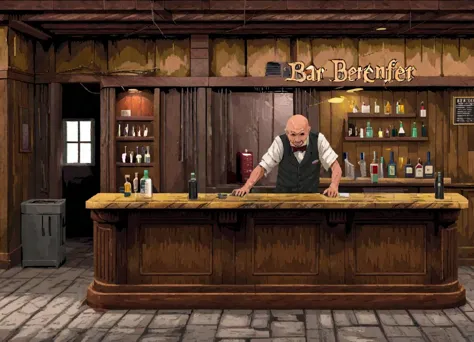 a dirty and old bar, with a barkeeper behind the counter,